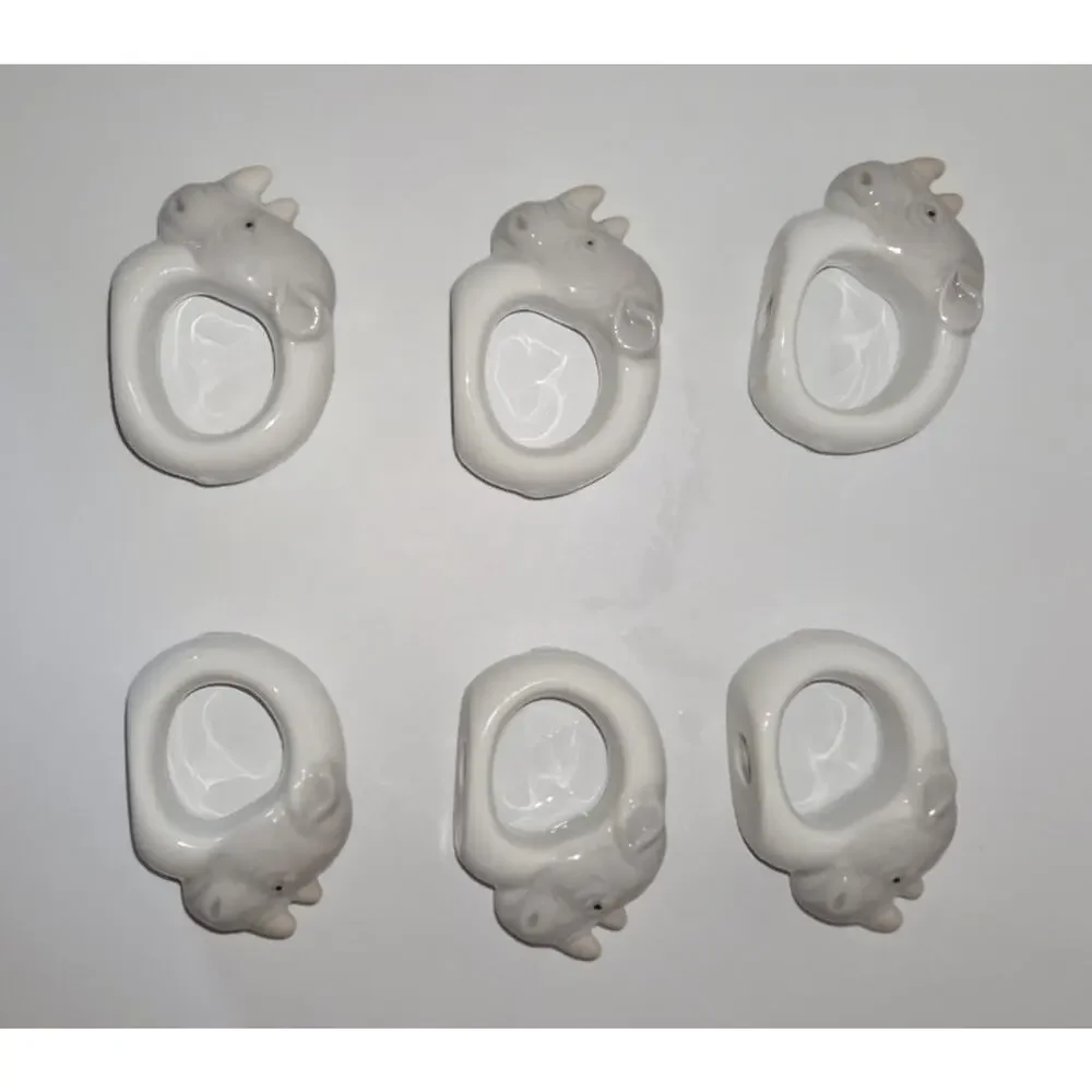 Set of 6 White Ceramic 3D Rhino Napkin Rings Holders, Animal Theme